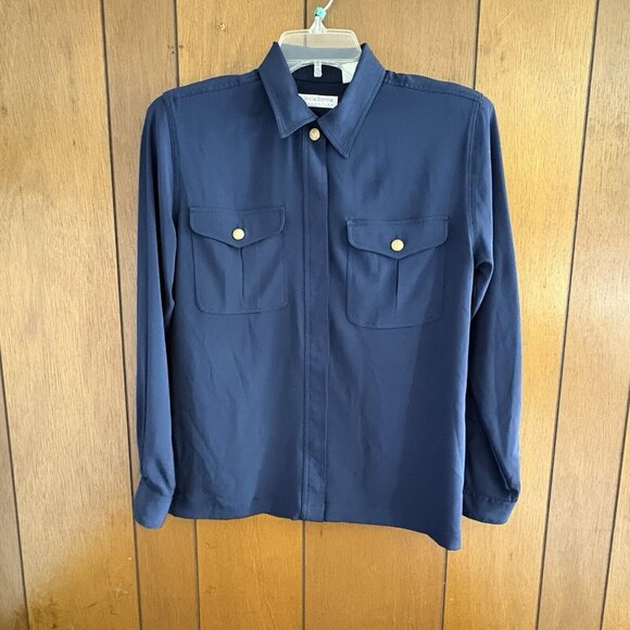 VTG 80s Liz Claiborne Blouse 6 Navy Gold Buttons Military Tailored Structured - Picture 1 of 15